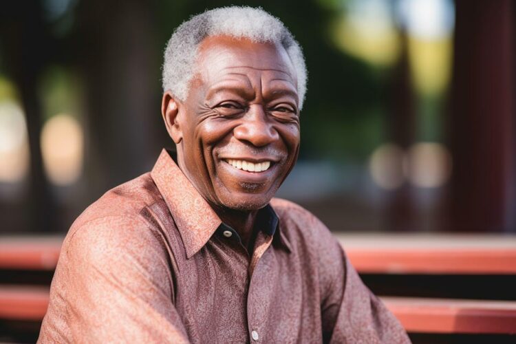 An elderly African American male with glaucoma, sitting outside on a park bench in Livingston, NJ, smiling while looking at the camera.