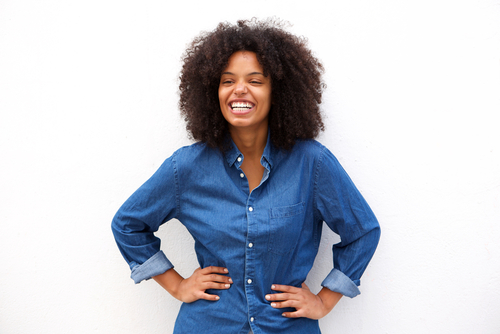 woman laughing at camera